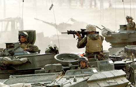 American marines secure a bridge at a crucial crossing point on the Tigris River, April 2, 2003.